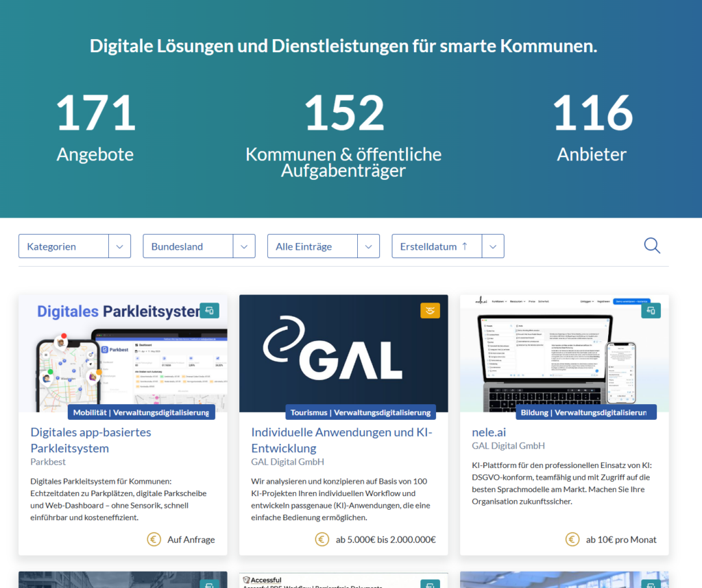 Startseite des Marktplatzes mit aktuellen Zahlen. 171 Angbeote, 152 Kommunen und öffentliche Aufgabenträger, 116 Anbieter. 