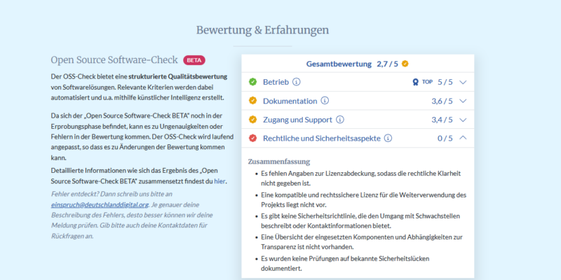 Vorschau des neuen OSS-Checks bei Open-Source Lösungen.